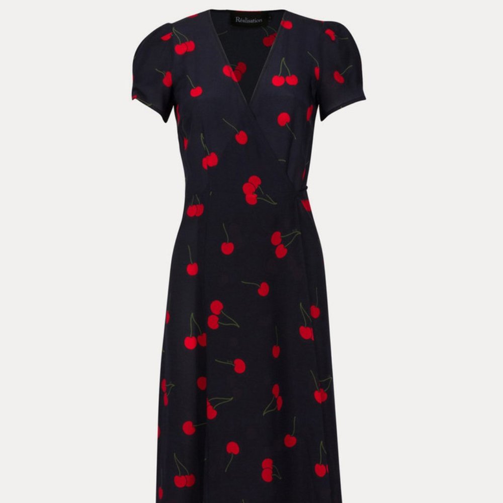 Realisation Par Black Midi Dress with Red Cherry Print